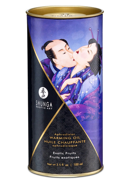 Warming oil fles met zwarte dop en blauw etiket, afbeelding van koppel; Exotic Fruits