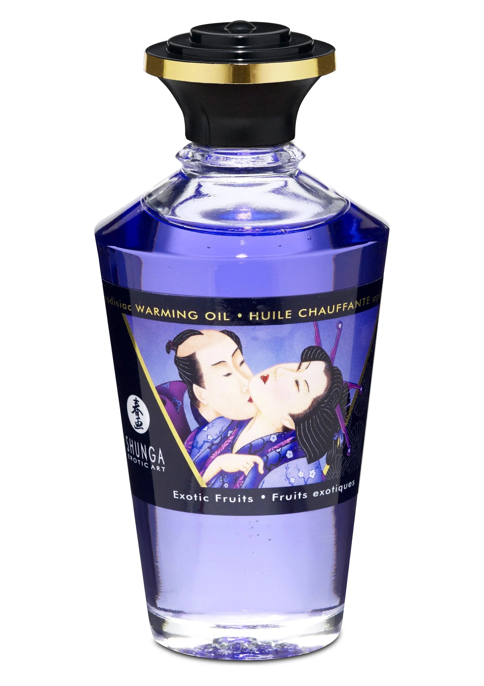 Warming oil fles met zwarte dop, blauw gekleurd, etiket “Exotic Fruits” van Shunga Art.
