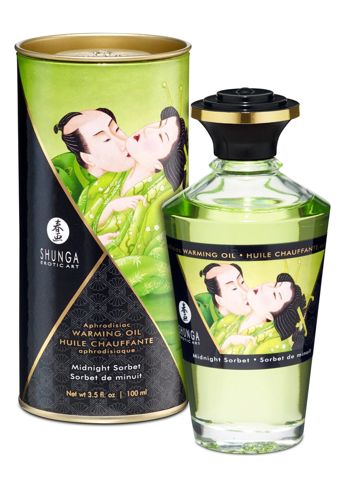 Shunga verwarmende olie, Midnight Sorbet, 100 ml; groen blik en groene fles