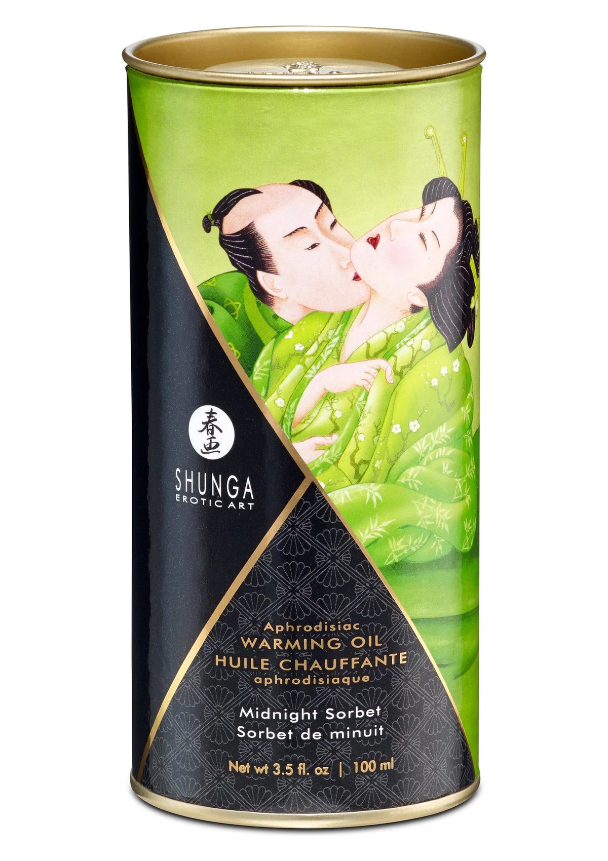 Shunga verwarmende olie, Midnight Sorbet, 100 ml; groen blik met fles