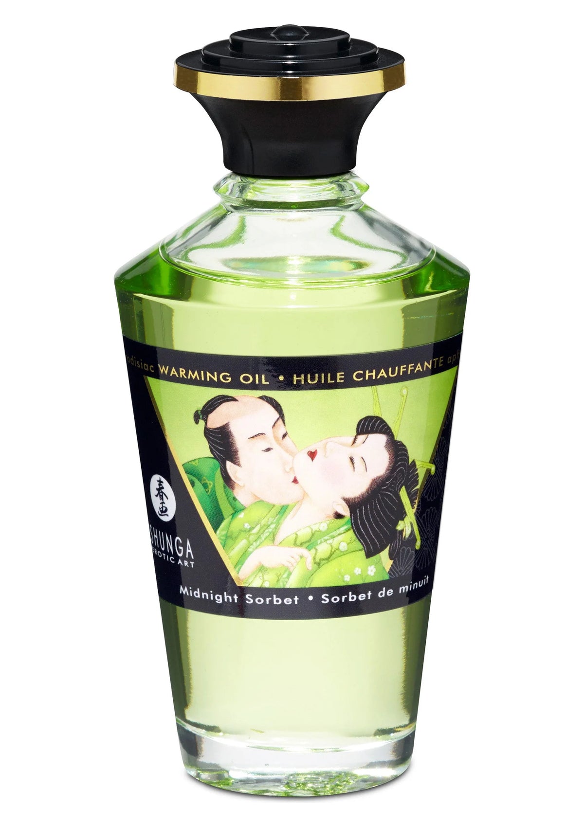 Shunga verwarmende olie fles met zwarte dop, Midnight Sorbet, 100 ml
