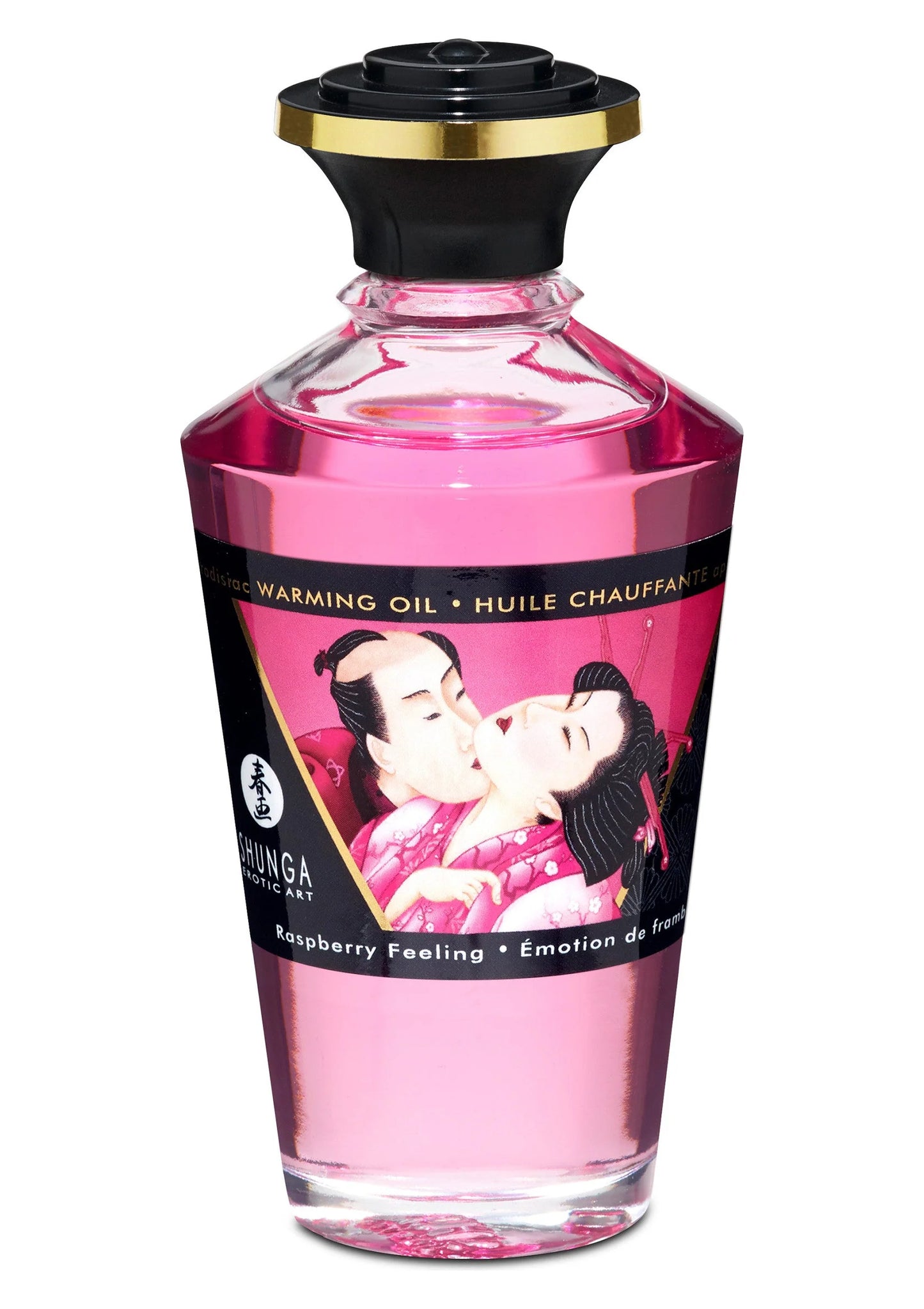 Shunga verwarmende olie fles met zwarte dop, Raspberry Feeling, 100 ml