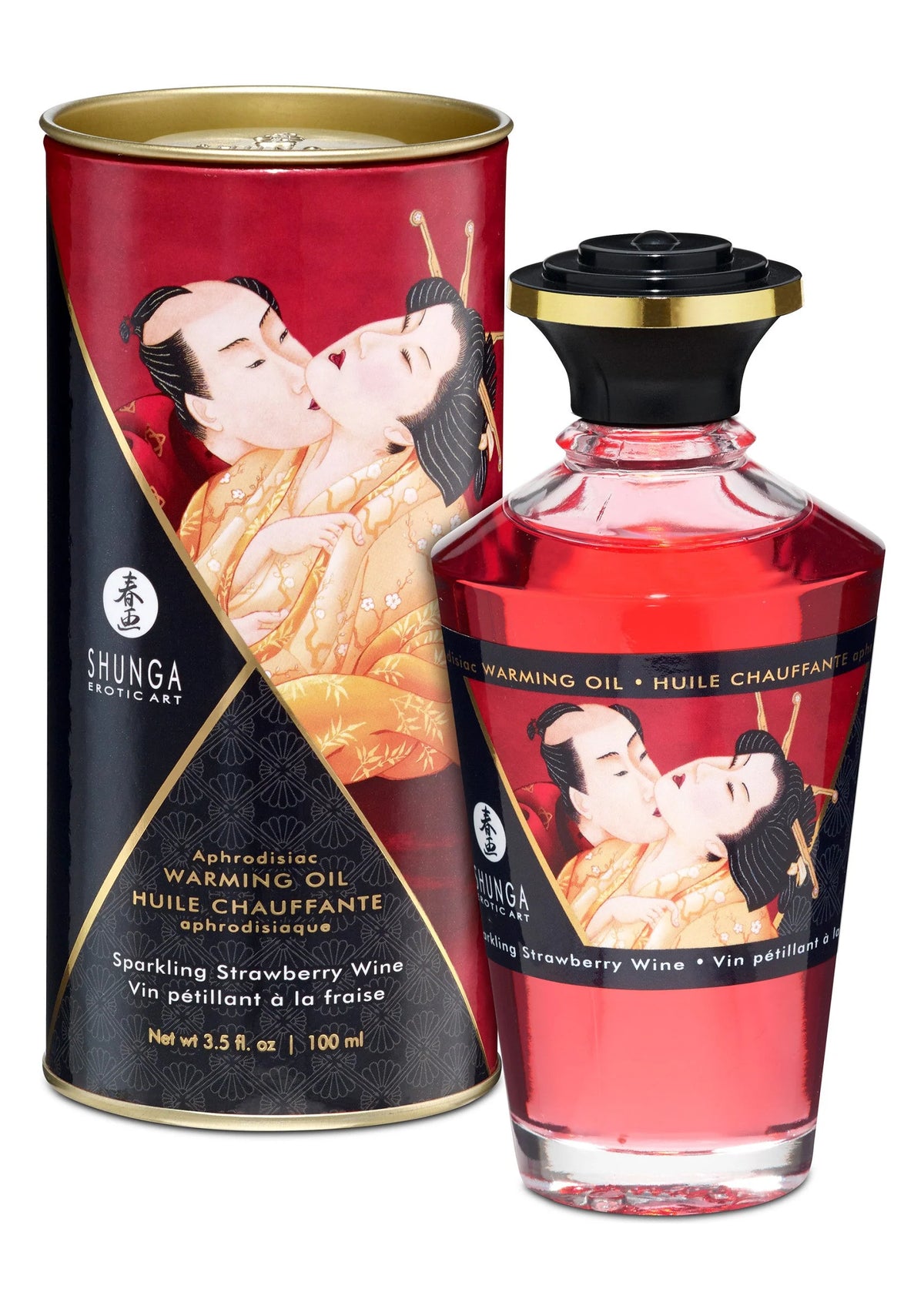 Shunga opwarmolie in fles en blik, rood wijnthema, 100 ml.