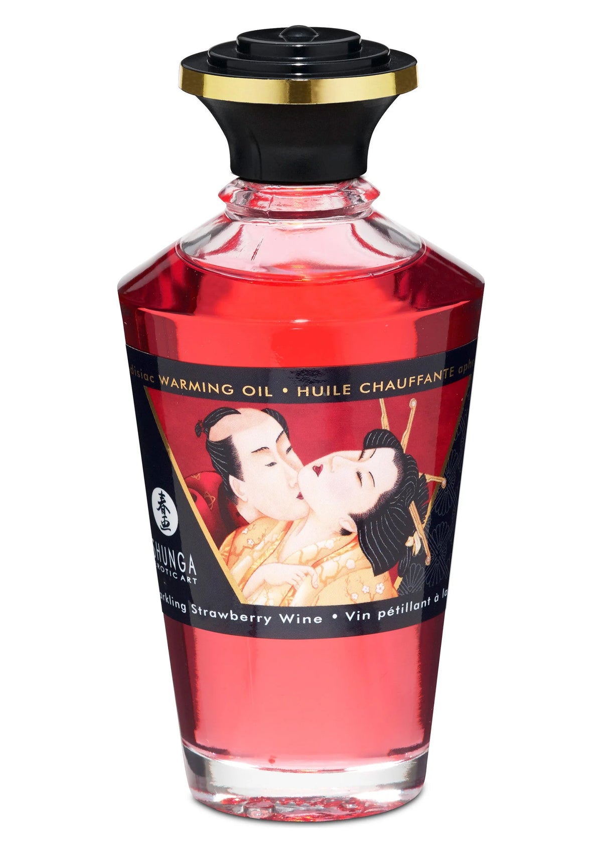 Shunga verwarmende olie Sparling Strawberry Wine: rode fles met zwarte dop