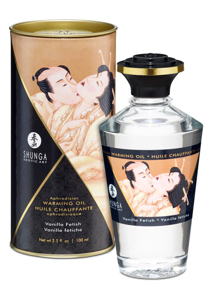 Verwarmende massageolie van Shunga, Vanilla Fetish, 100 ml; fles en metalen blik.