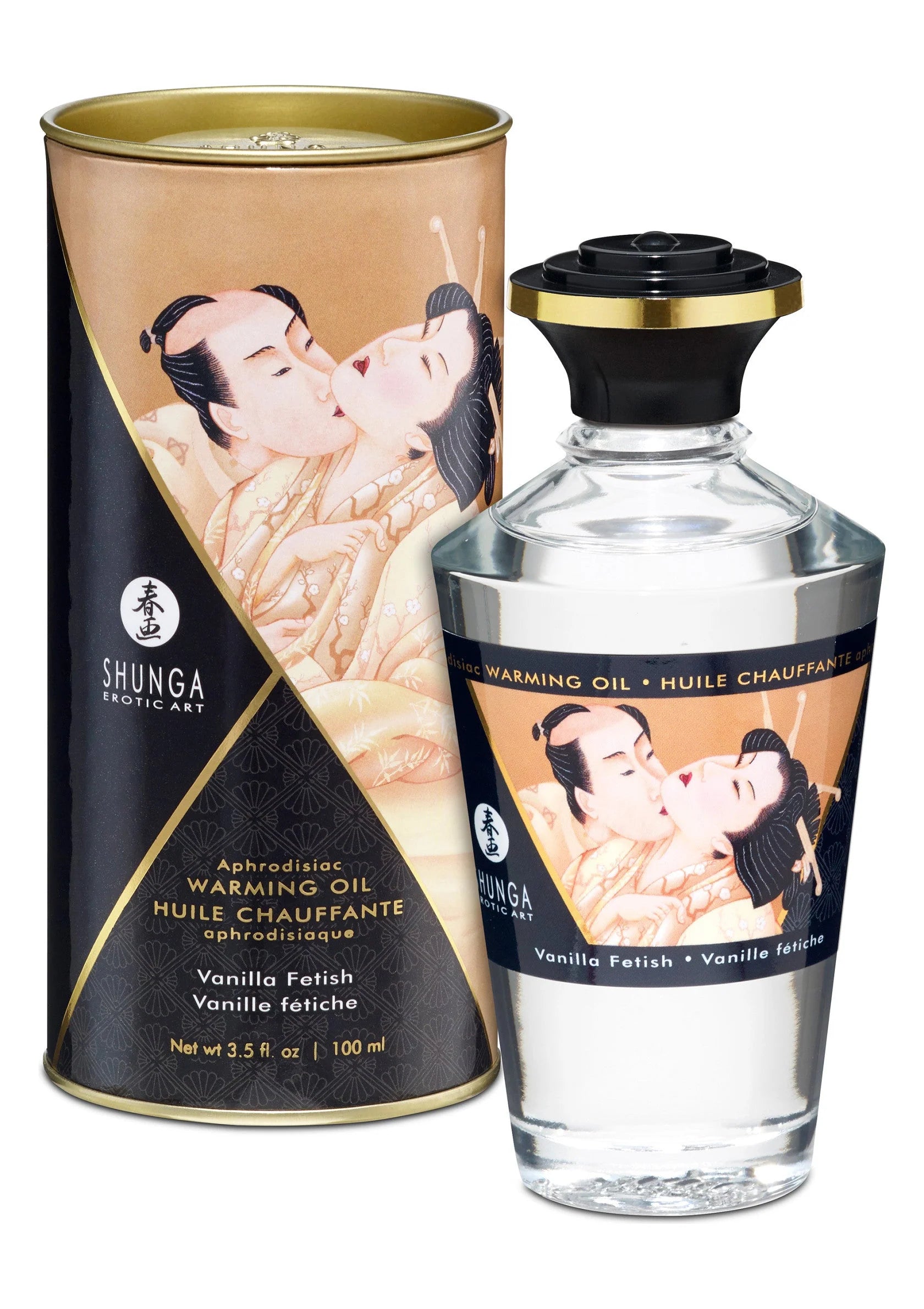 Shunga verwarmingsolie Vanilla Finish, bruin blik en transparante fles, 100 ml.