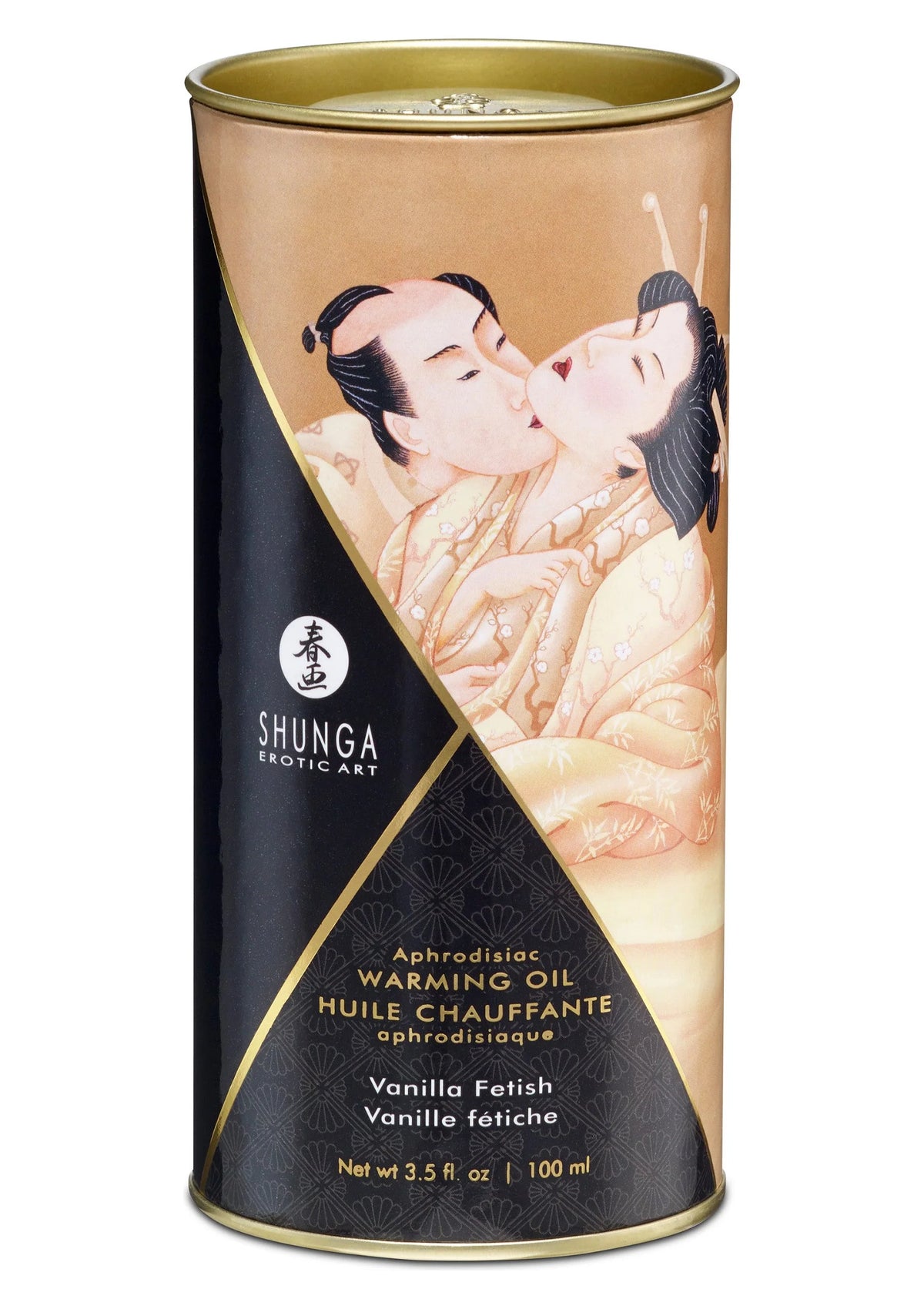 Shunga verwarmende olie Vanilla Fetish: beige blik met illustratie