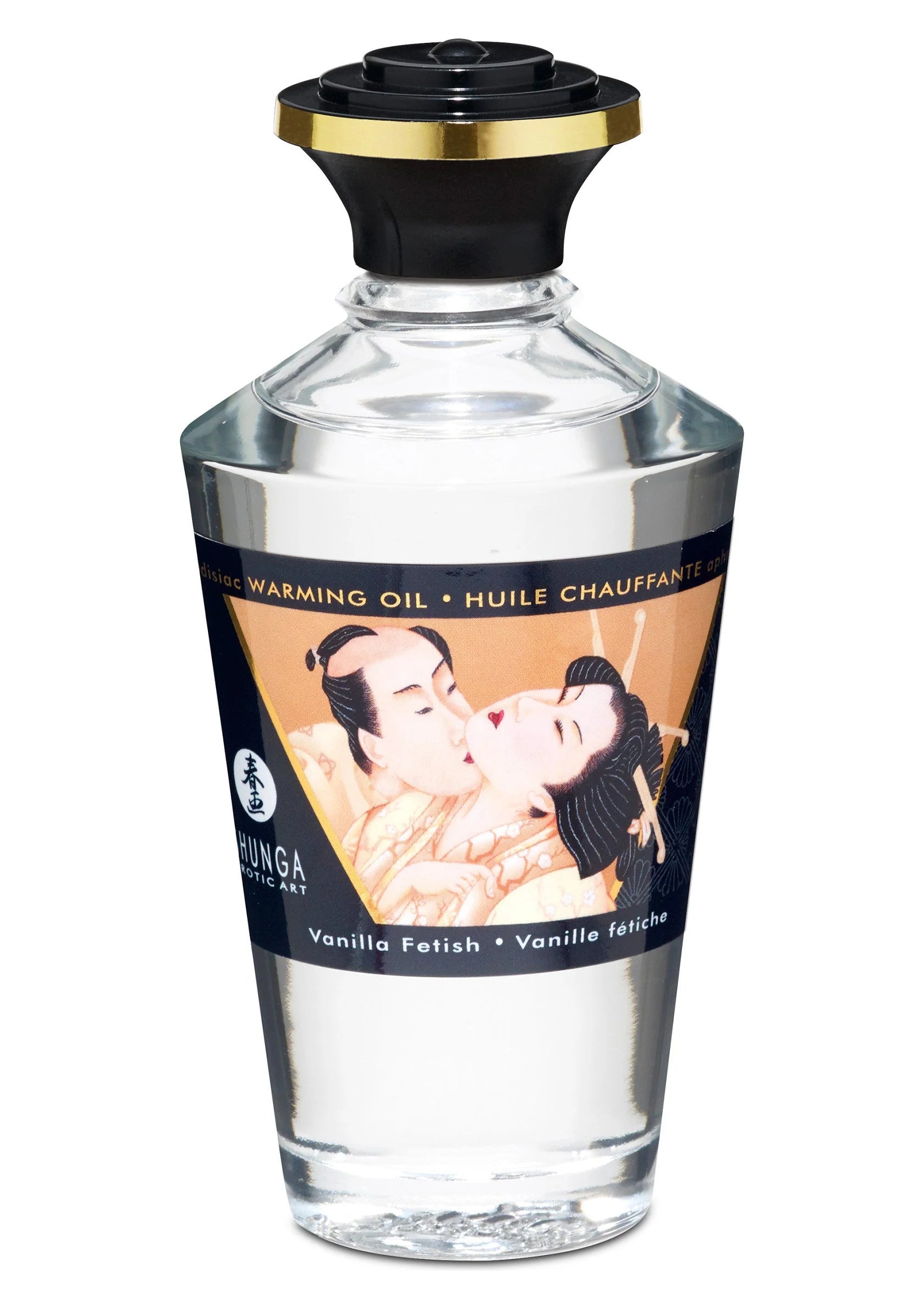 Verwarmende olie Shunga Vanilla Fetish (100 ml) in doorzichtige fles met zwarte dop