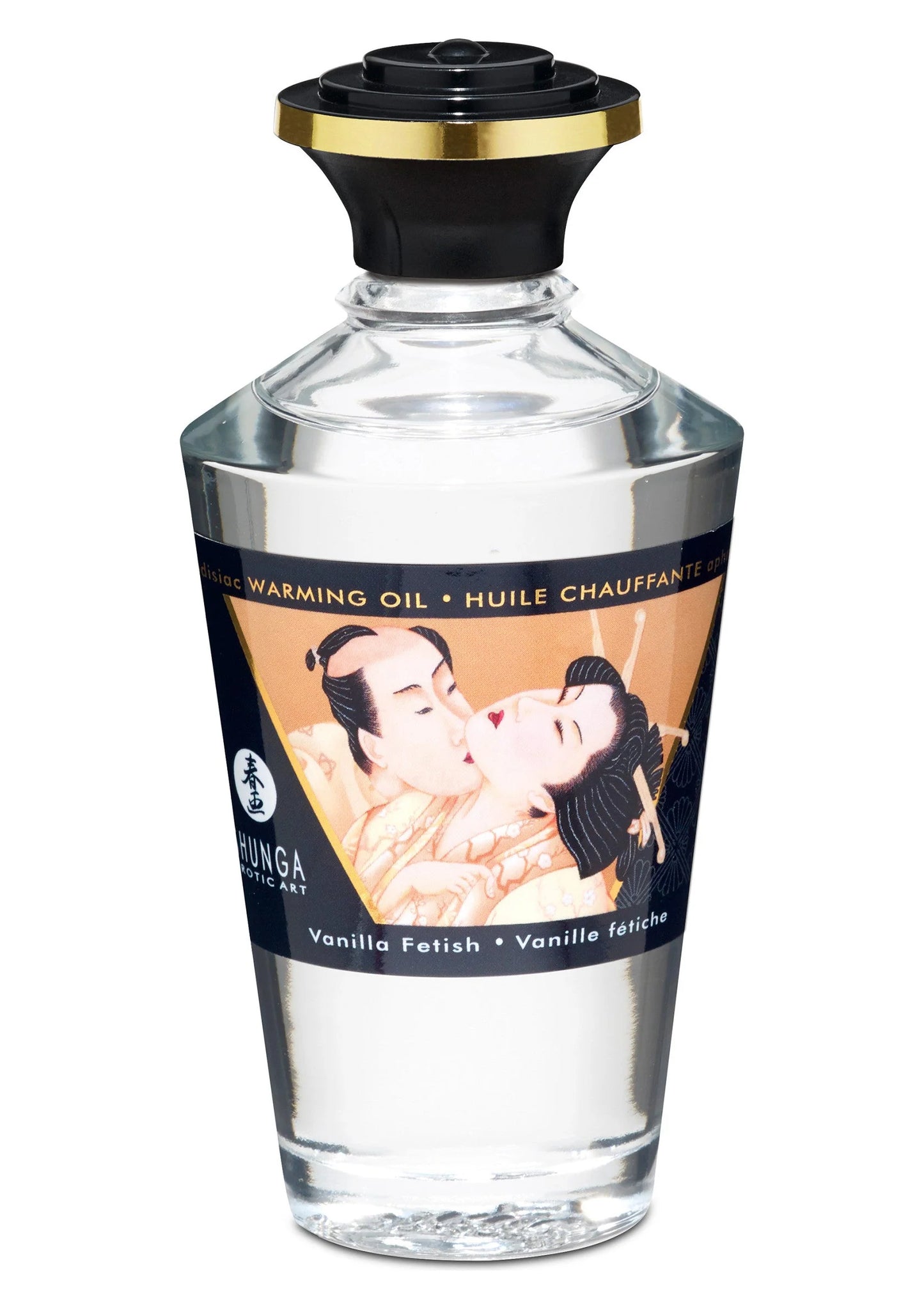 Verwarmende olie Vanilla Fetish (100 ml) van Shunga, transparante fles met zwarte dop.