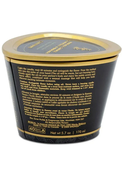 Massagekaars in glazen pot met gouden deksel, zwart etiket, 170 ml
