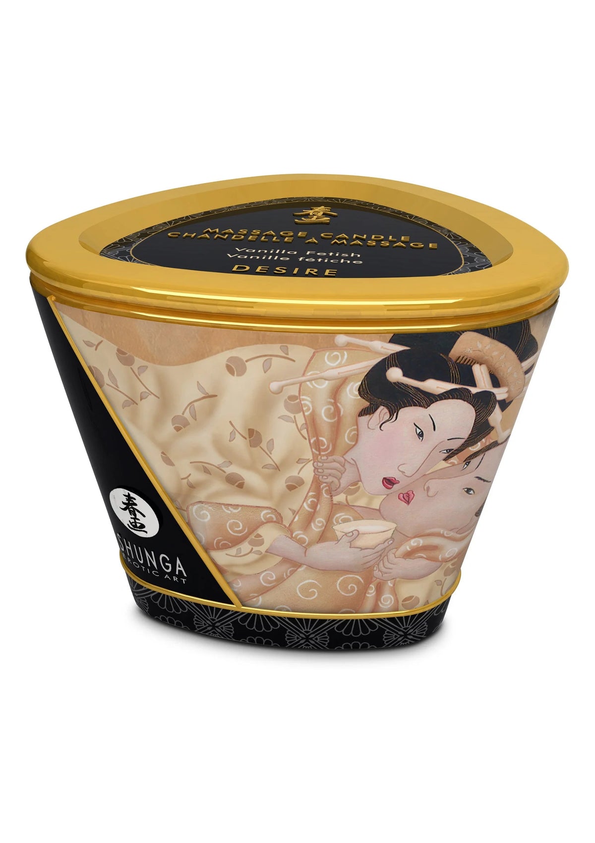 Massagekaars Shunga 170 ml in beige tint pot met gouden deksel en decor met figuren