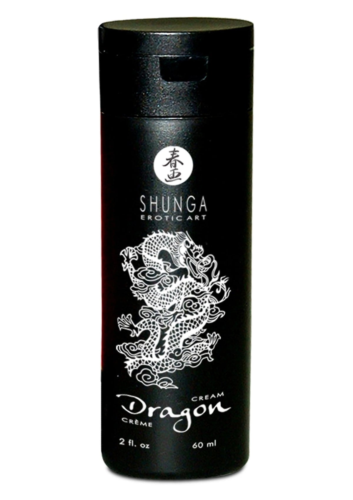 Zwarte Shunga Dragon-viriliteitscrème fles met witte draakprint en opschrift