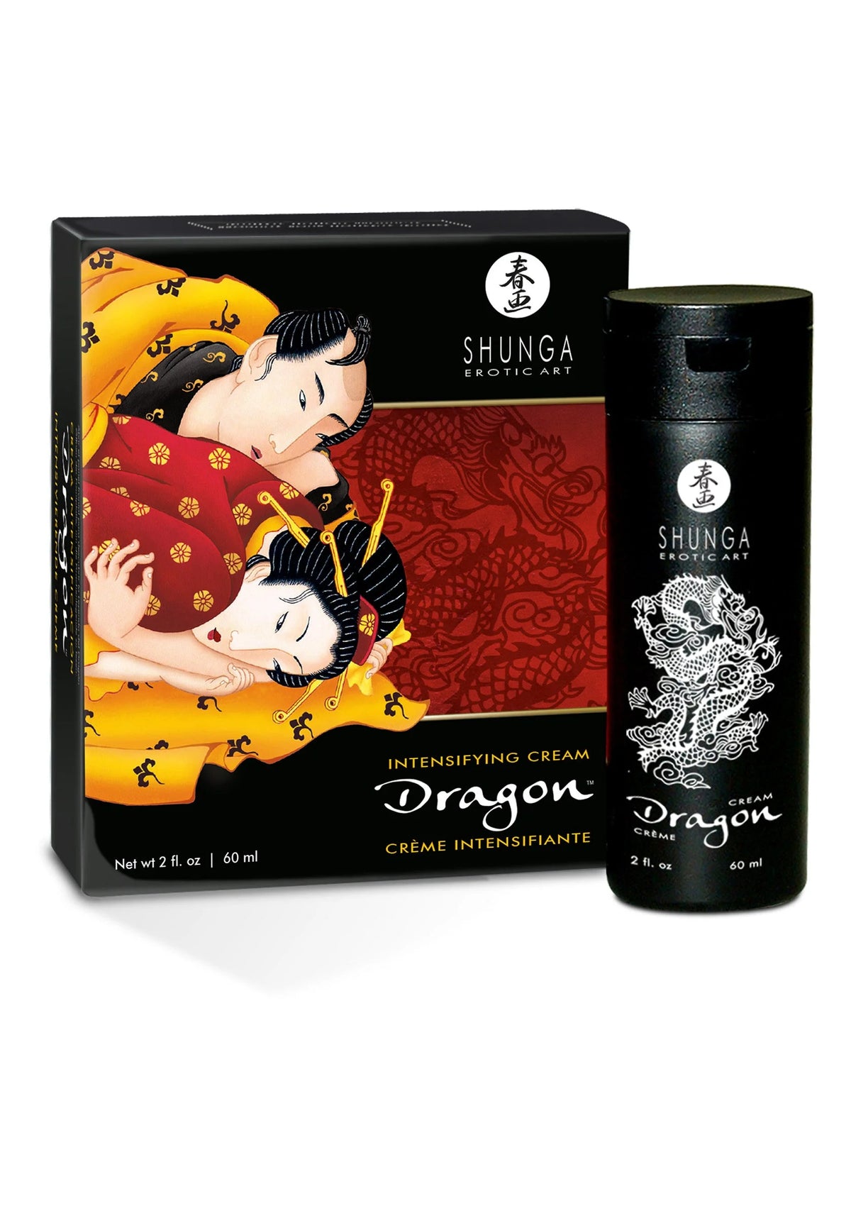 Shunga Dragon-viriliteitscrème doos met twee figuren en zwarte fles ernaast