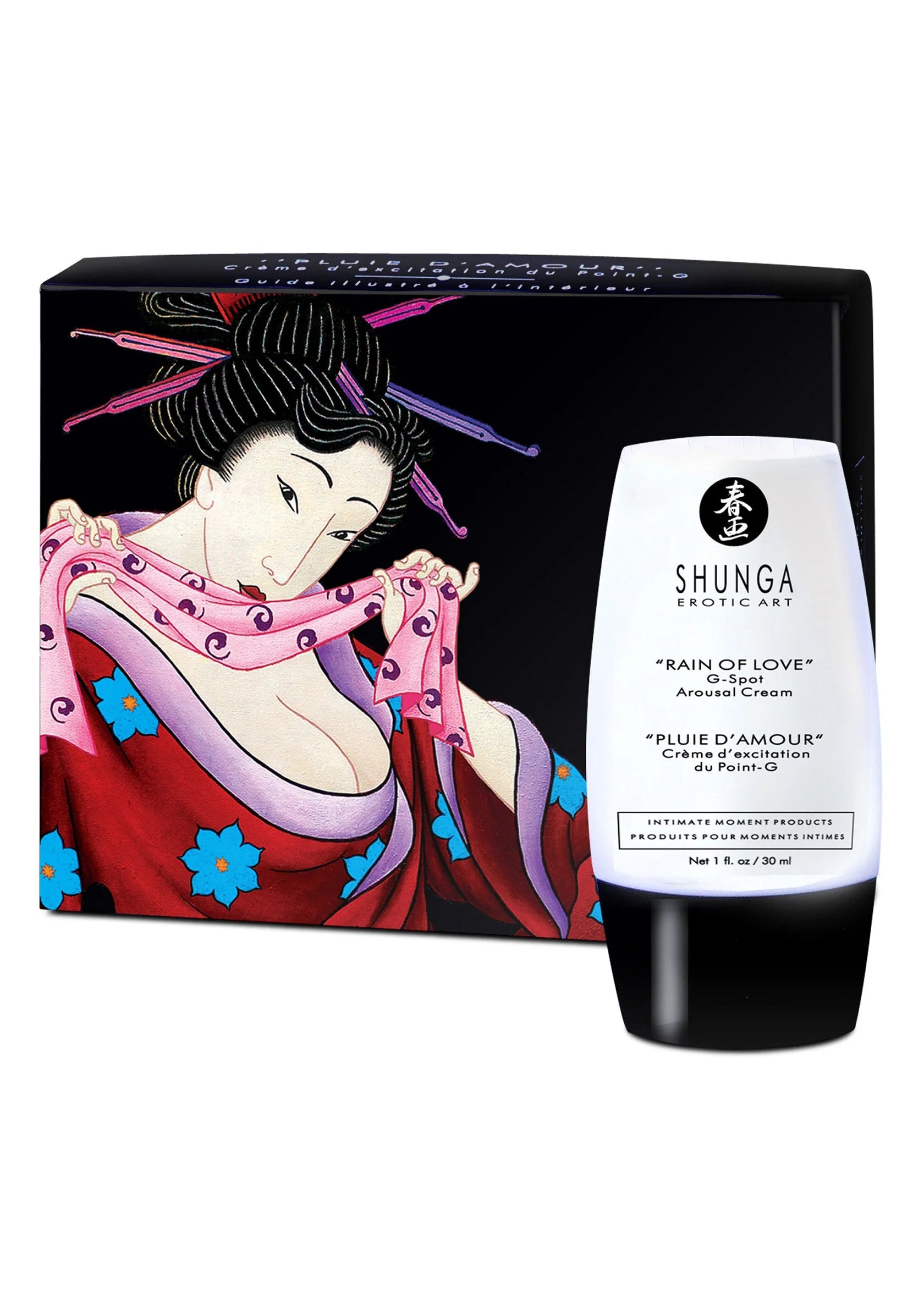 G-spot gel en verpakking met Japanse vrouwillustratie, SHUNGA Rain of Love