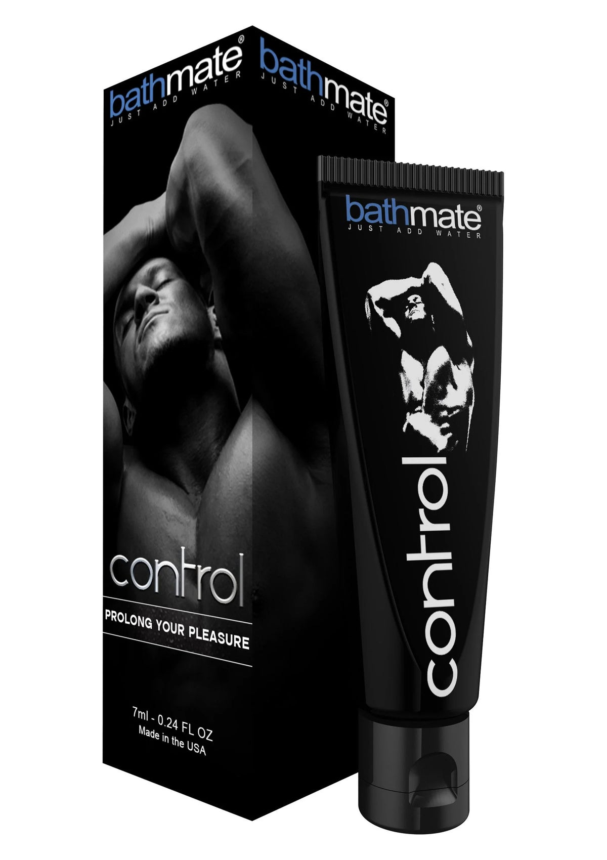 Bathmate Control doos en tube: zwarte verpakking met modelillustratie