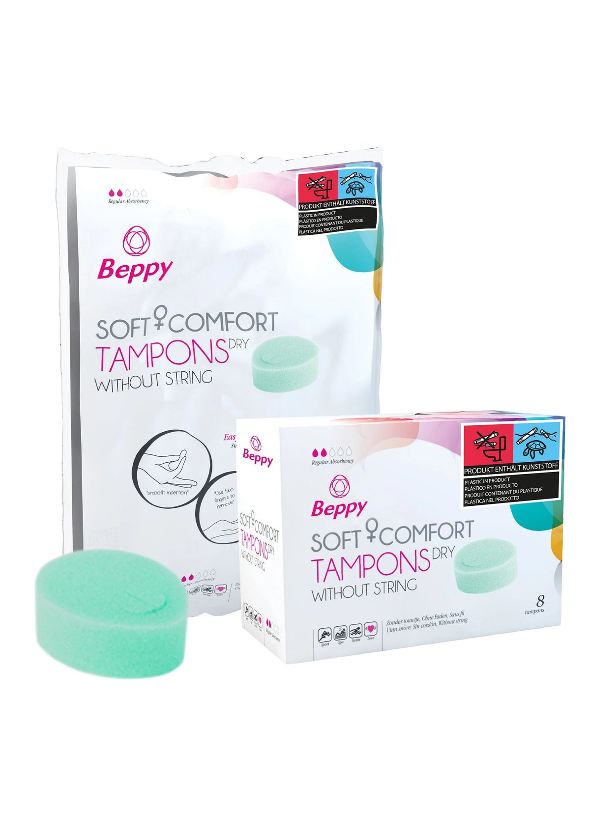 Beppy Soft & Comfort tampons, verpakking met losse mintgroene tampon