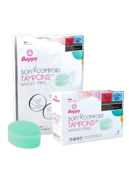 Beppy Soft & Comfort tampons, verpakking met losse mintgroene tampon