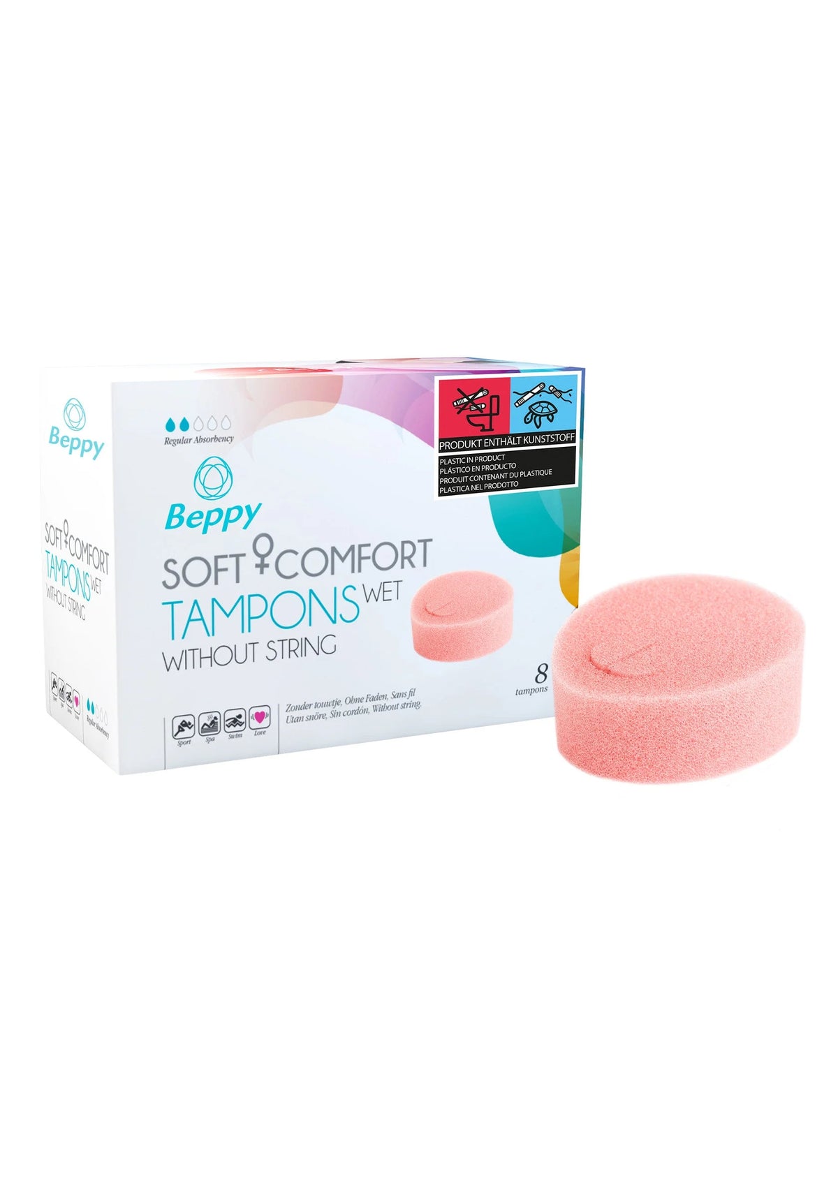 Beppy tamponsdoos met losse roze ronde tampon, 8 stuks zonder inrijgkoord