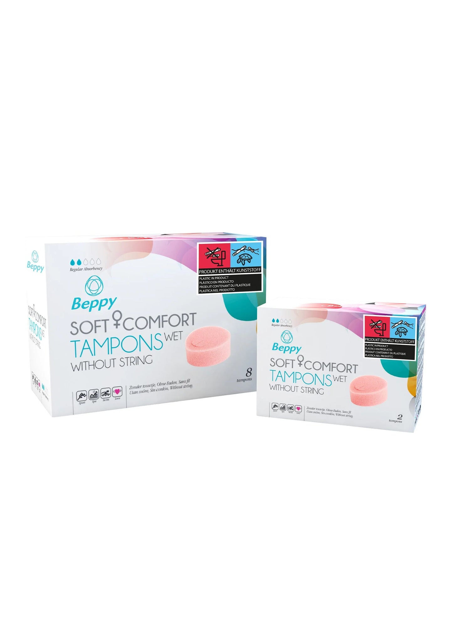 Beppy tamponsdoos met extra verpakking ernaast, roze-witte stijl, 8 stuks