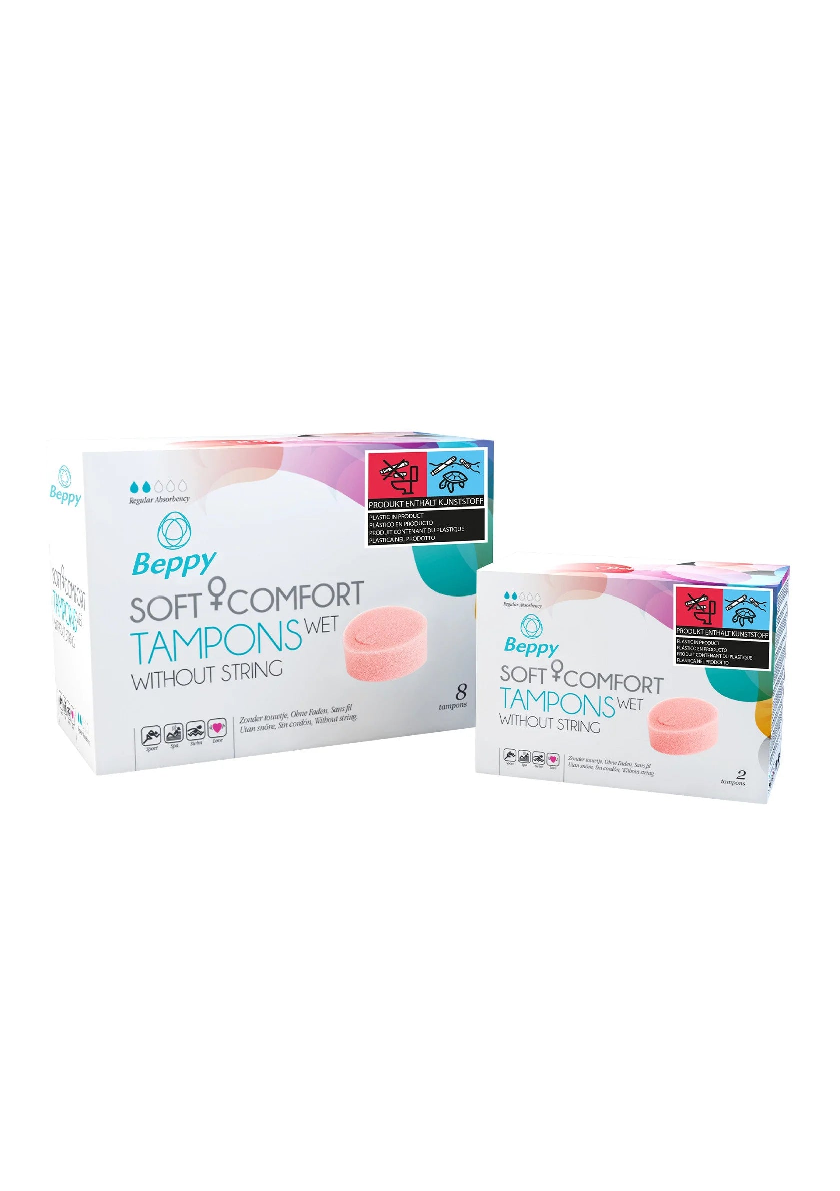 Beppy tamponsdoos met extra verpakking ernaast, roze-witte stijl, 8 stuks