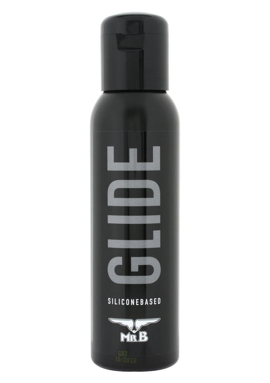 Zwarte fles glijmiddel GLIDE 250 ml met dop en MRB-logo op het label