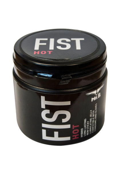 Glijmiddelpot FIST Hot van Mister B, zwarte pot met FIST Hot-logo op deksel en voorzijde