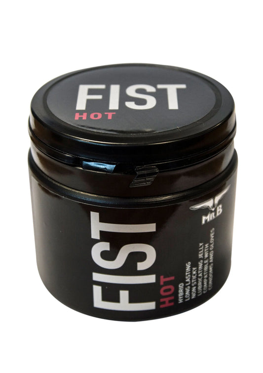 Glijmiddelpot FIST Hot van Mister B, zwarte pot met FIST Hot-logo op deksel en voorzijde