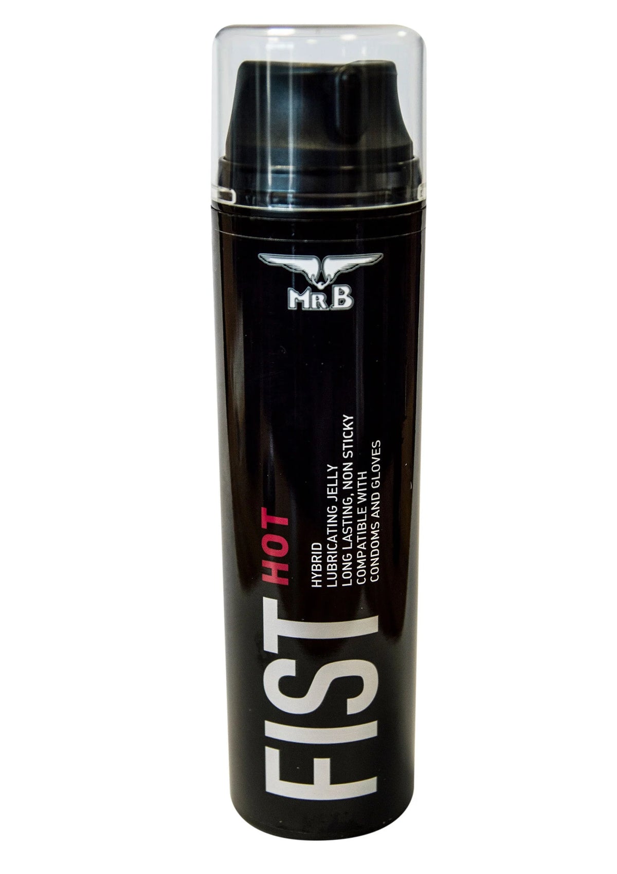 MrB glijmiddel in zwarte fles met dop; grote FIST Hot Lube tekst op etiket