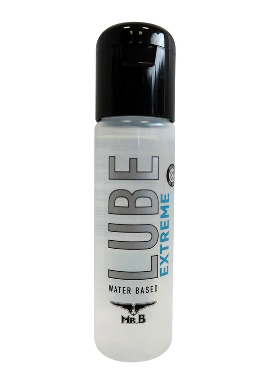 Mister B LUBE Extreme waterbasis glijmiddel fles met zwarte dop, frontlabel