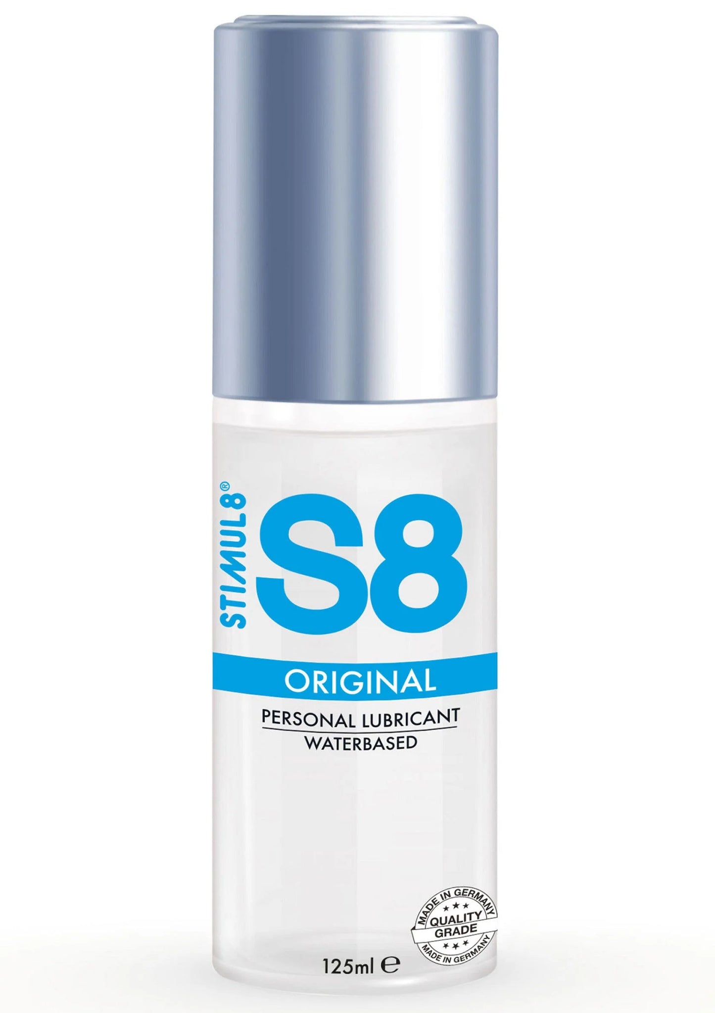 Waterbasis glijmiddel S8 met grote S8-opdruk op transparante fles, 125 ml