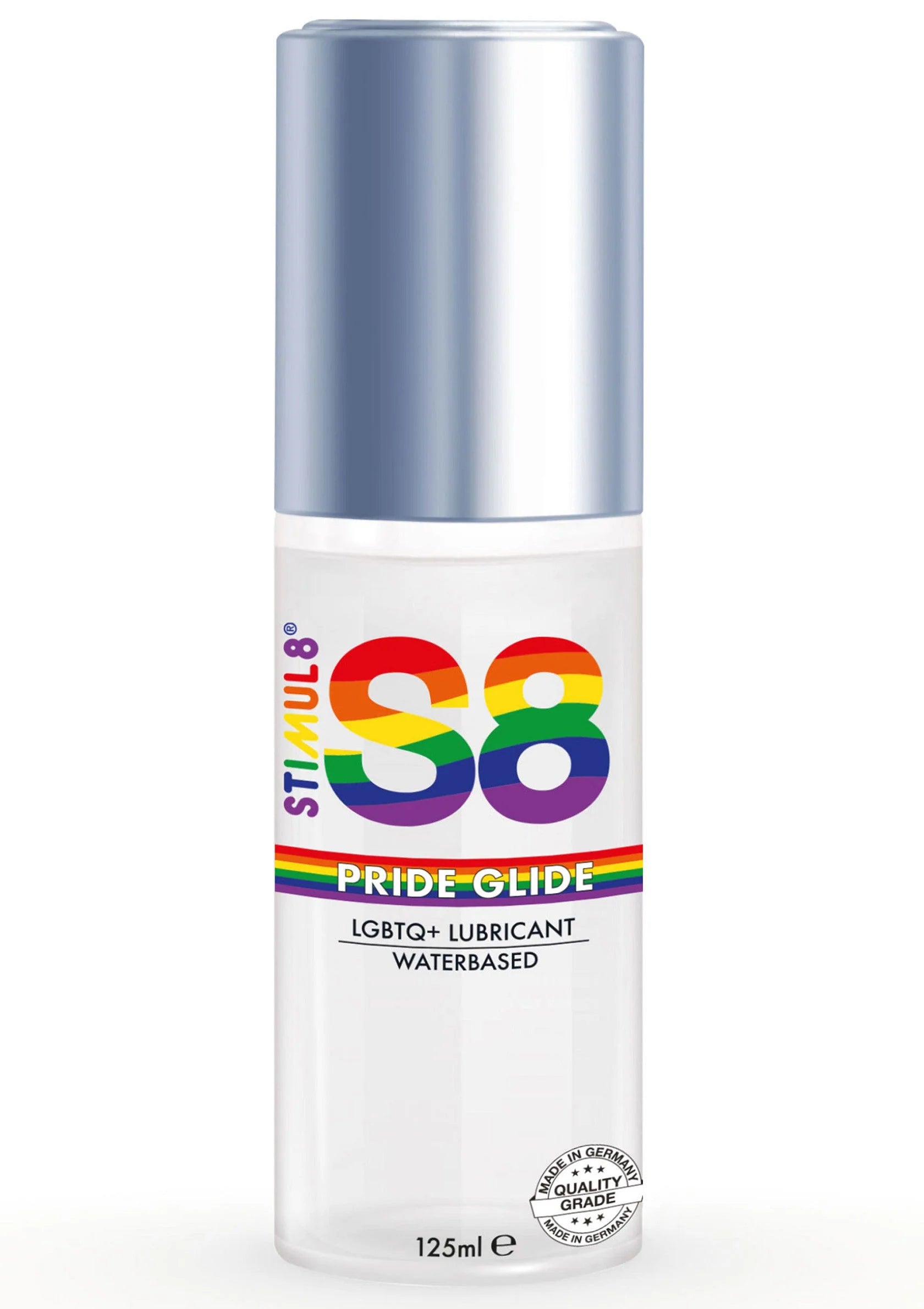 S8 Pride-Glide glijmiddel op waterbasis, 125 ml fles met etiket en zilveren dop