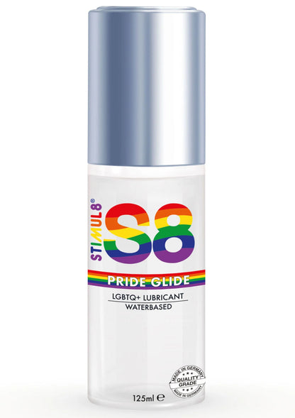 S8 Pride-Glide glijmiddel op waterbasis, 125 ml fles met etiket en zilveren dop