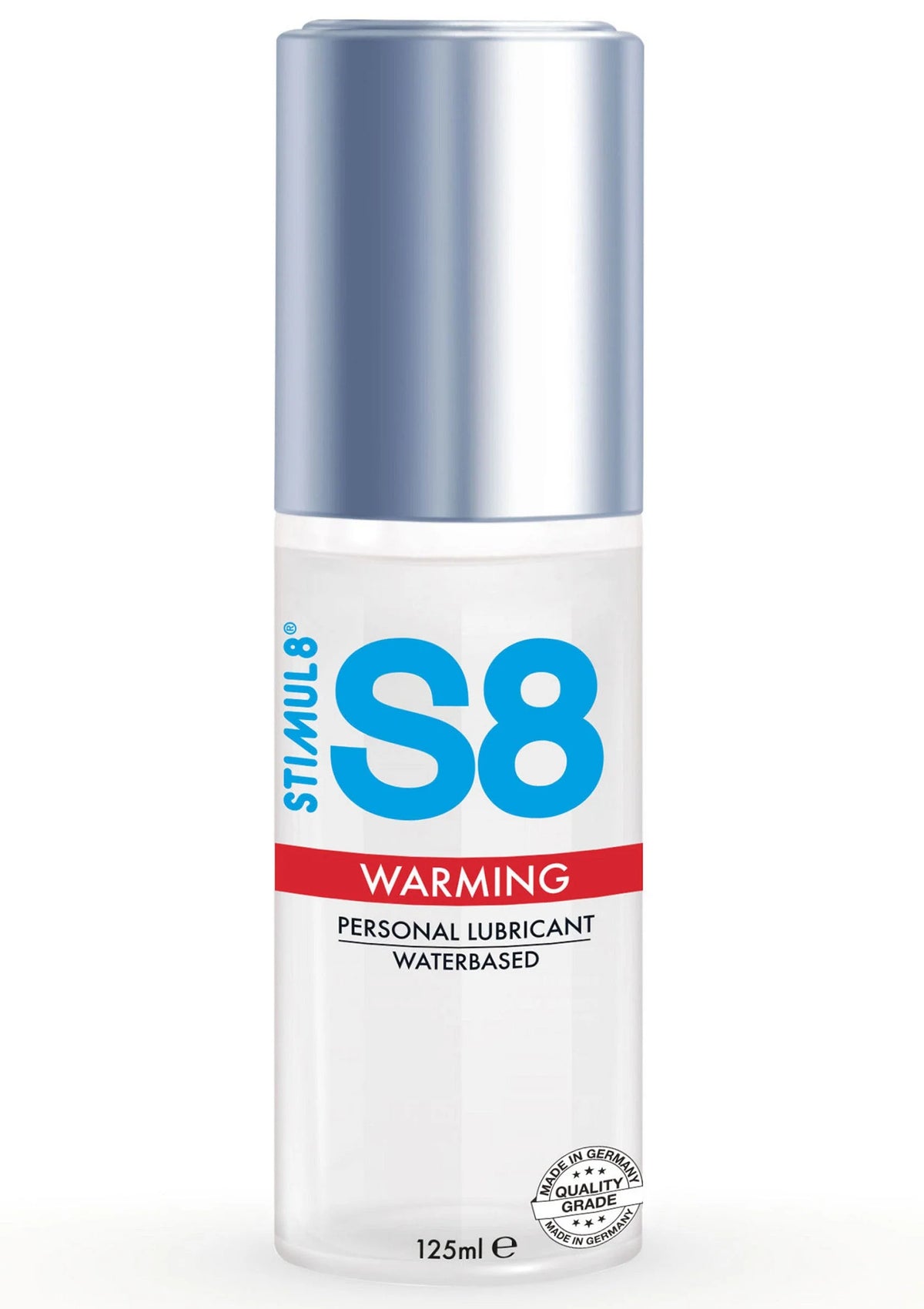 S8 waterbasis verwarmend glijmiddel, close-up label, 125 ml