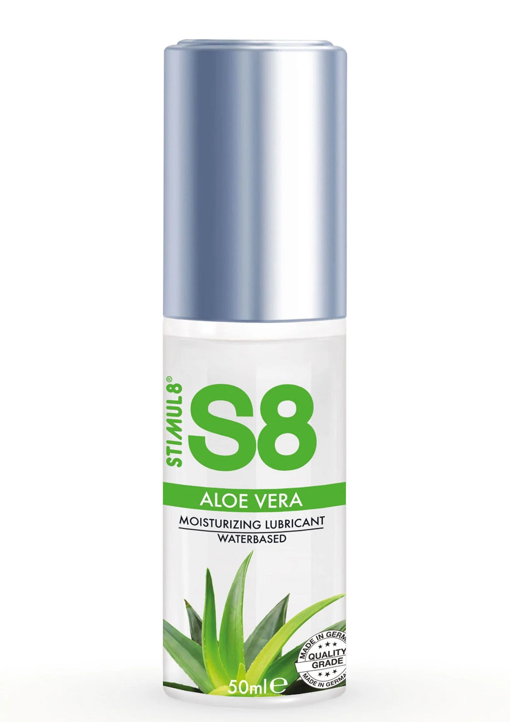 Waterbasis glijmiddel S8 Aloe Vera in fles, 50 ml; close-up van etiket