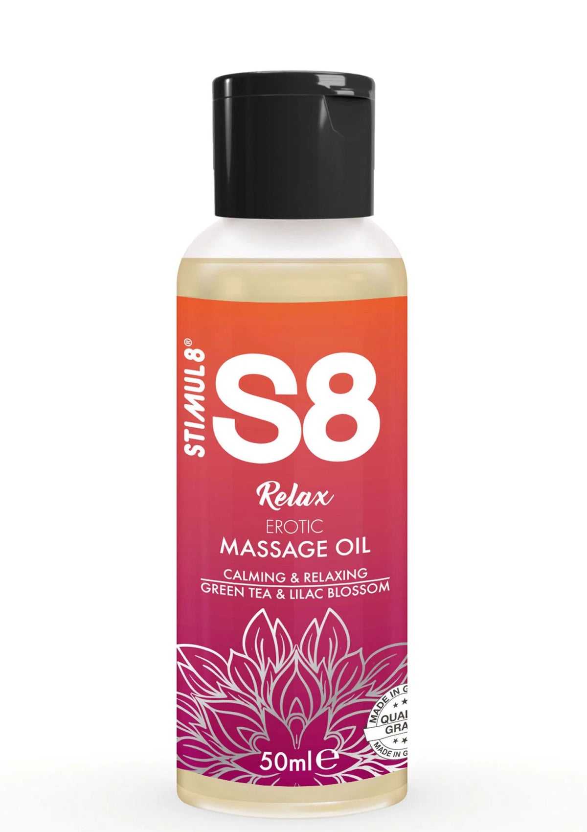 Massageolie fles S8 Relax, oranje etiket en zwarte dop, 50 ml