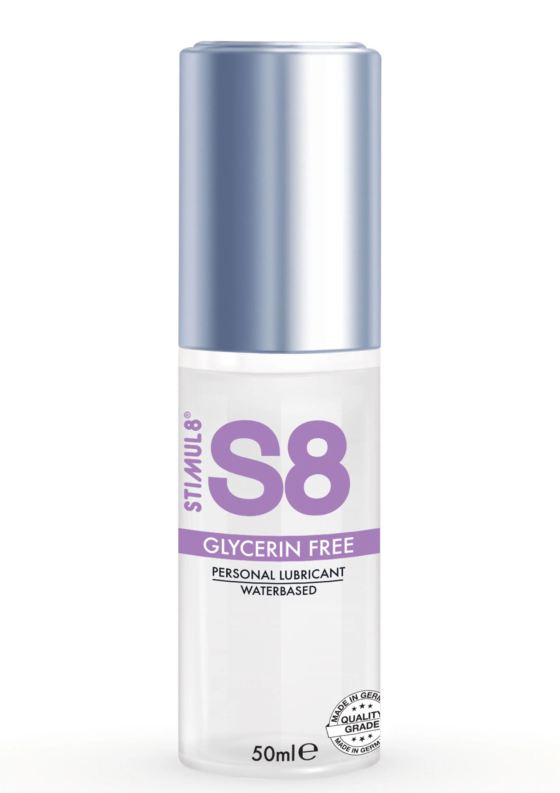 Glycerinevrije glijmiddel S8, transparante fles met blauwe dop, 50 ml