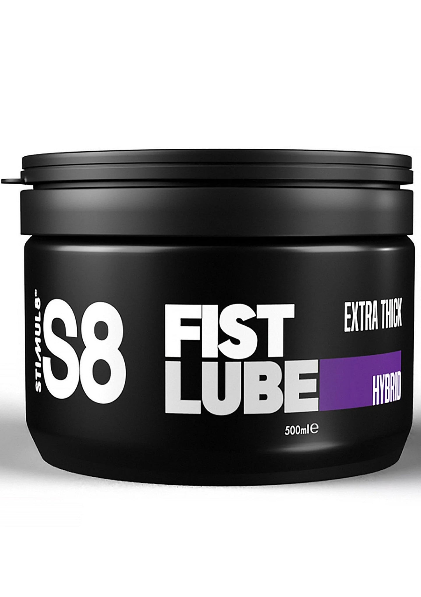 Zwarte S8 FIST LUBE smeerpot met deksel en paars HYBRID-label, 500 ml