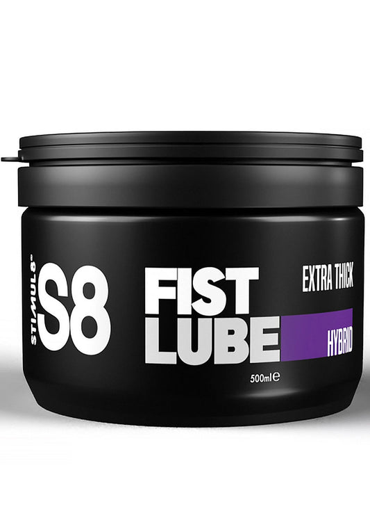 Zwarte S8 FIST LUBE smeerpot met deksel en paars HYBRID-label, 500 ml