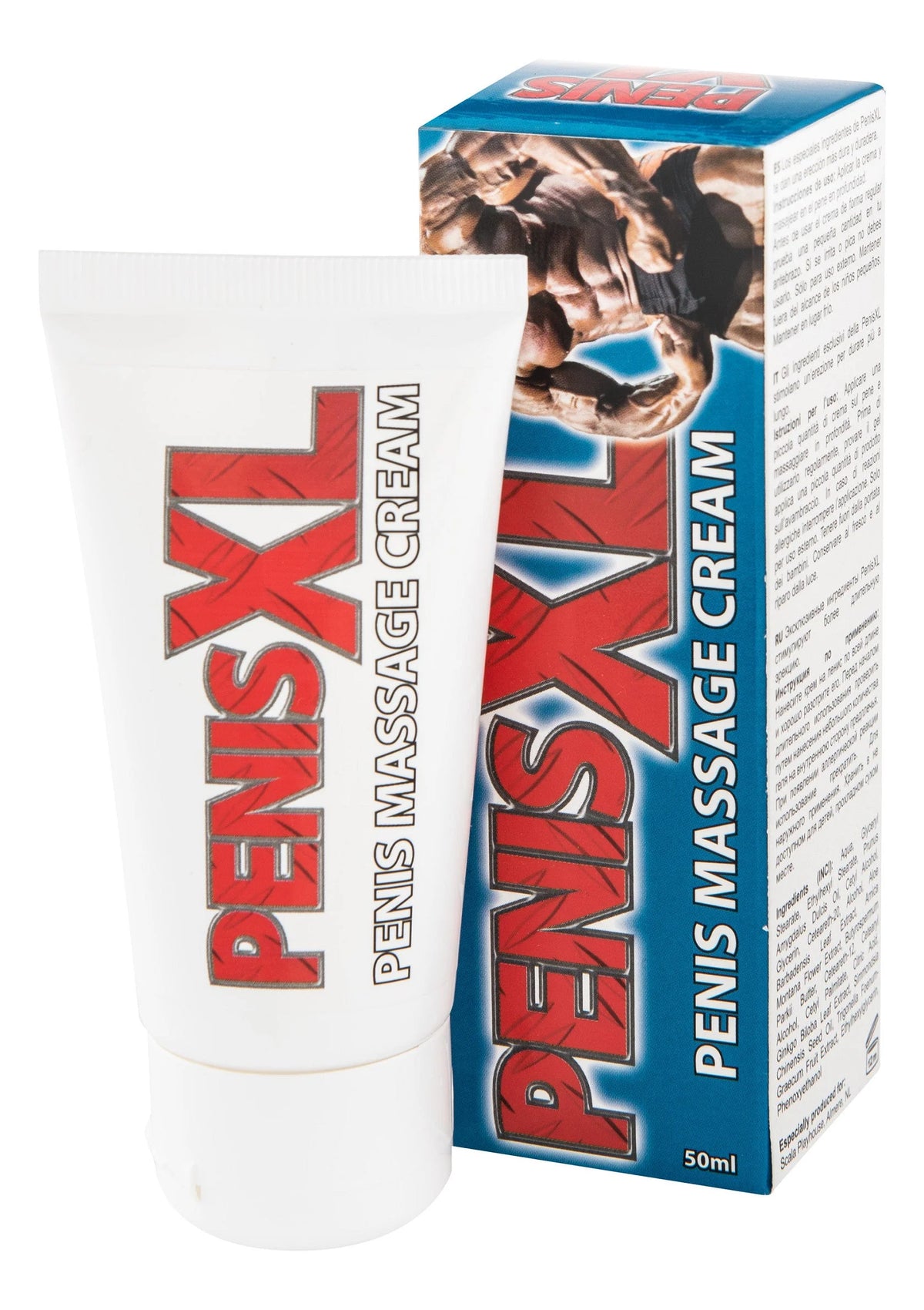 Witte tube massagecrème naast kartonnen doos, merkopdruk zichtbaar.