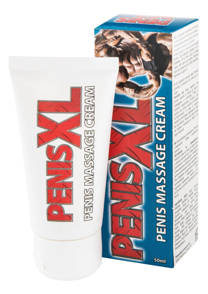 Witte tube massagecrème naast kartonnen doos, merkopdruk zichtbaar.