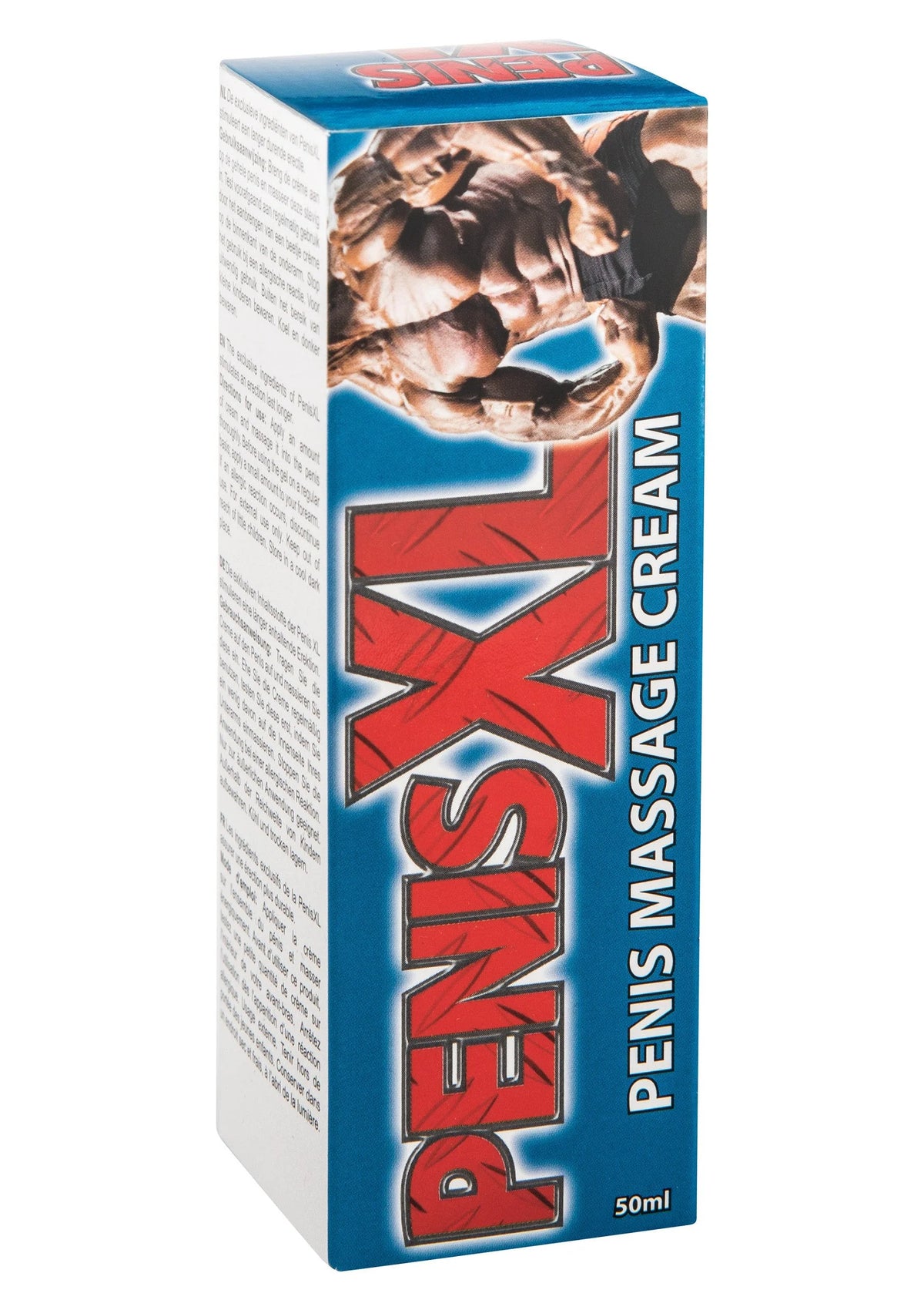 Kartonnen doos massagecrème met blauwe achtergrond en rode X-grafiek.