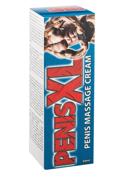 Kartonnen doos massagecrème met blauwe achtergrond en rode X-grafiek.