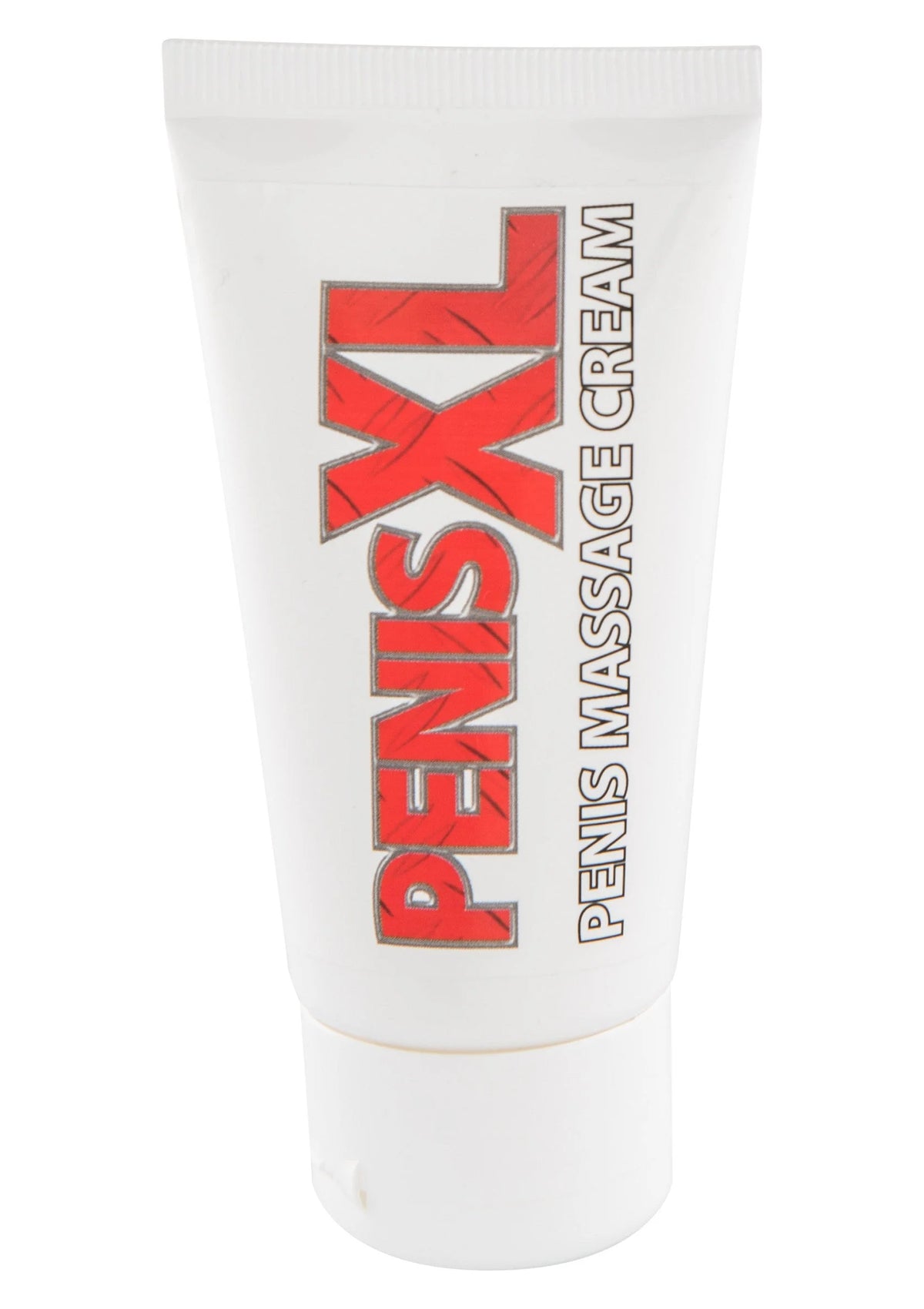 Witte tube massagecrème, frontaal met rode 'X'- en tekstopdruk.