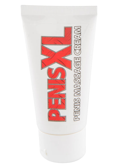 Witte tube massagecrème, frontaal met rode 'X'- en tekstopdruk.