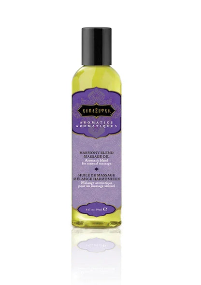 Kamastrutra massageolie in groene fles met zwarte dop, Harmony Blend met paarse label