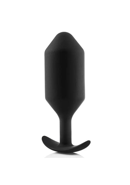 Zwarte anaalsplug met brede voet en taps toelopende vorm, glad oppervlak.