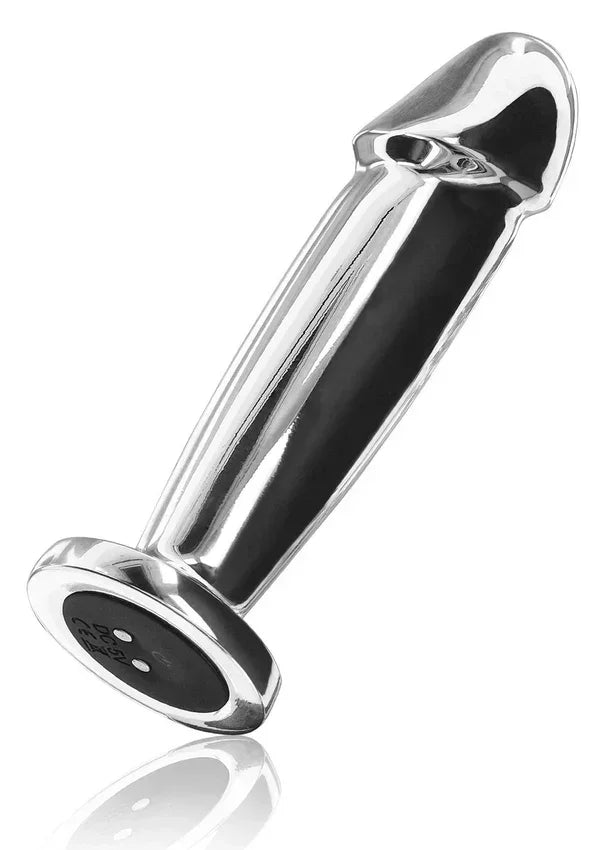 Metalen vibrerende buttplug met ronde voet en zwarte bedieningsknop
