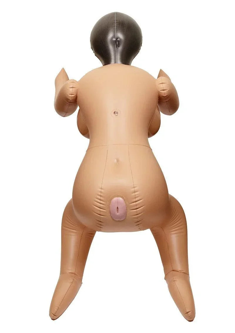 Naakte beige seks-pop van achteren met donkere haarpony en ronde kont, open houding.
