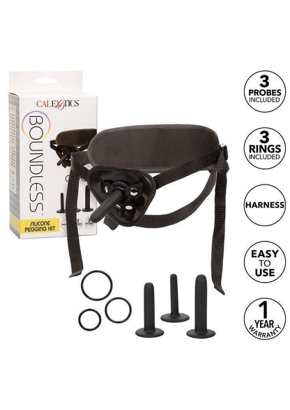 Boundless siliconen peggingkit met zwart tailleharnas en drie ringen, in doos
