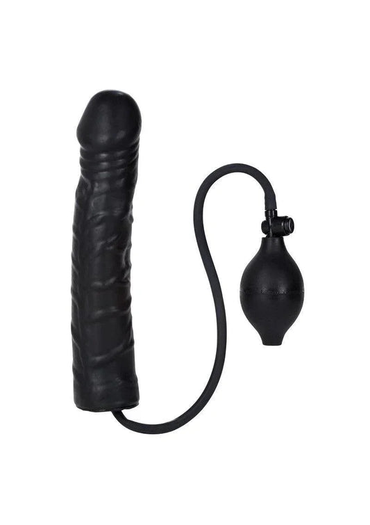 Opblaasbare buttplug met pompkogel en slang, glad zwart oppervlak